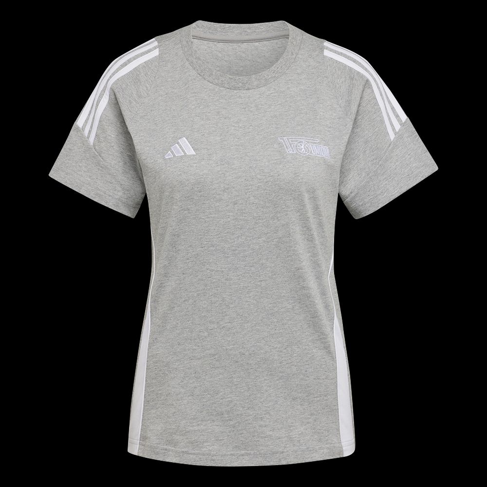 Graues T-Shirt. Es hat kurze Ärmel. Es hat weiße Streifen von Adidas an den Seiten. Der Aufdruck sagt "F3".