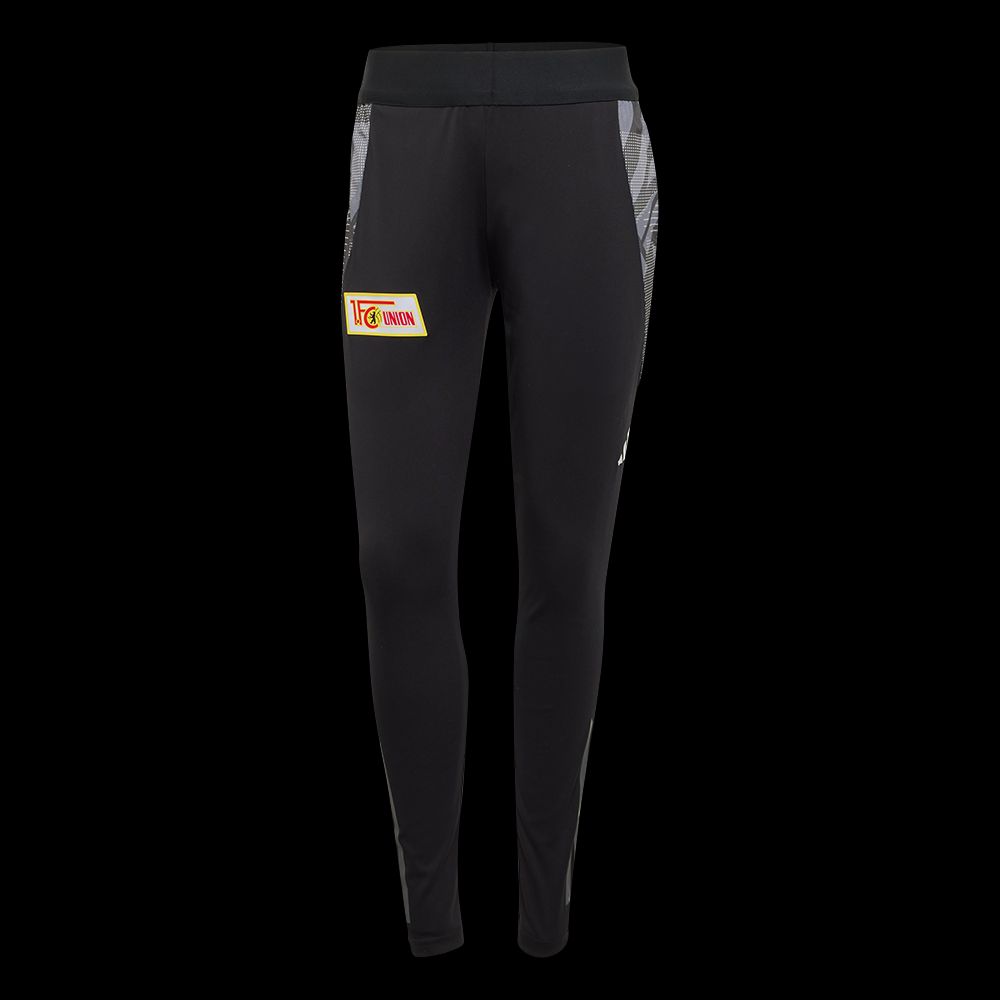 Schwarze Sportleggings. Sie haben bunte Seiten und ein Logo an der Oberschenkelseite.