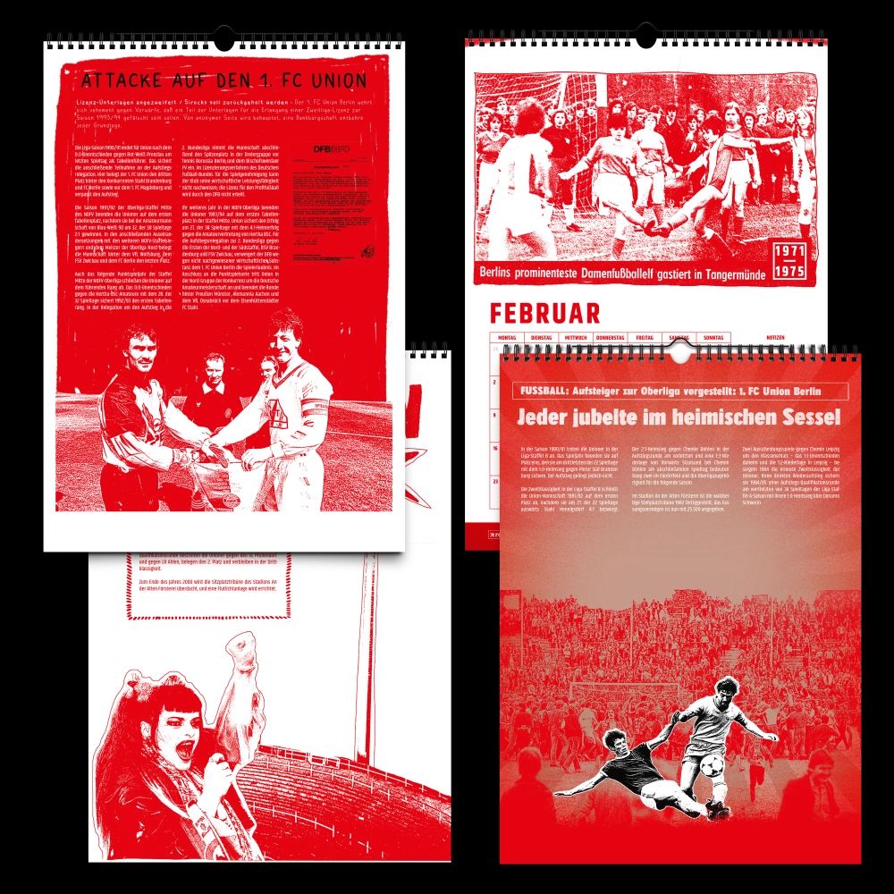 Kalenderseite mit roten und weißen Grafiken, die Fußball und Ereignisse vom 1. FC Union Berlin thematisieren.