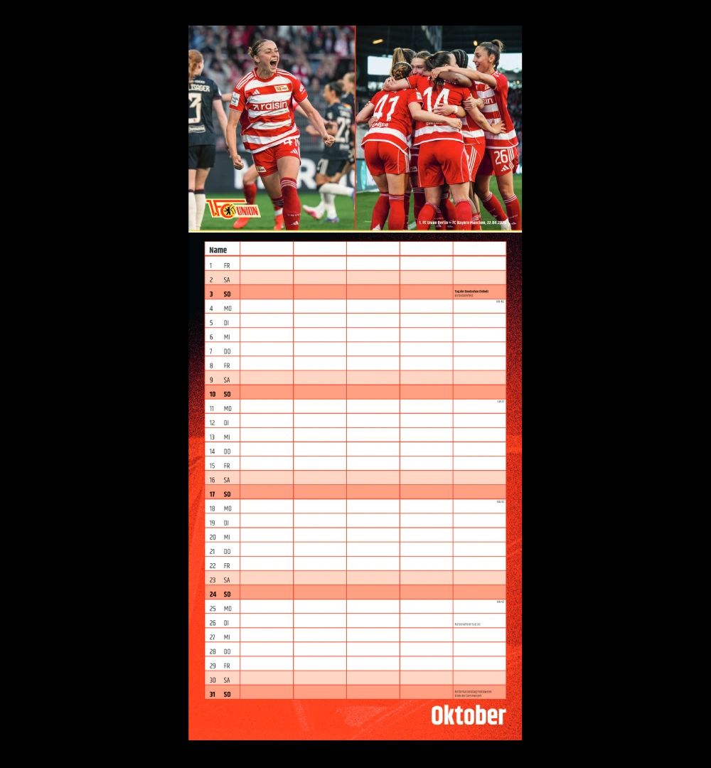 Kalenderblatt für Oktober mit Fußballspielerin und Team in Aktion, darunter leere Felder für Notizen.