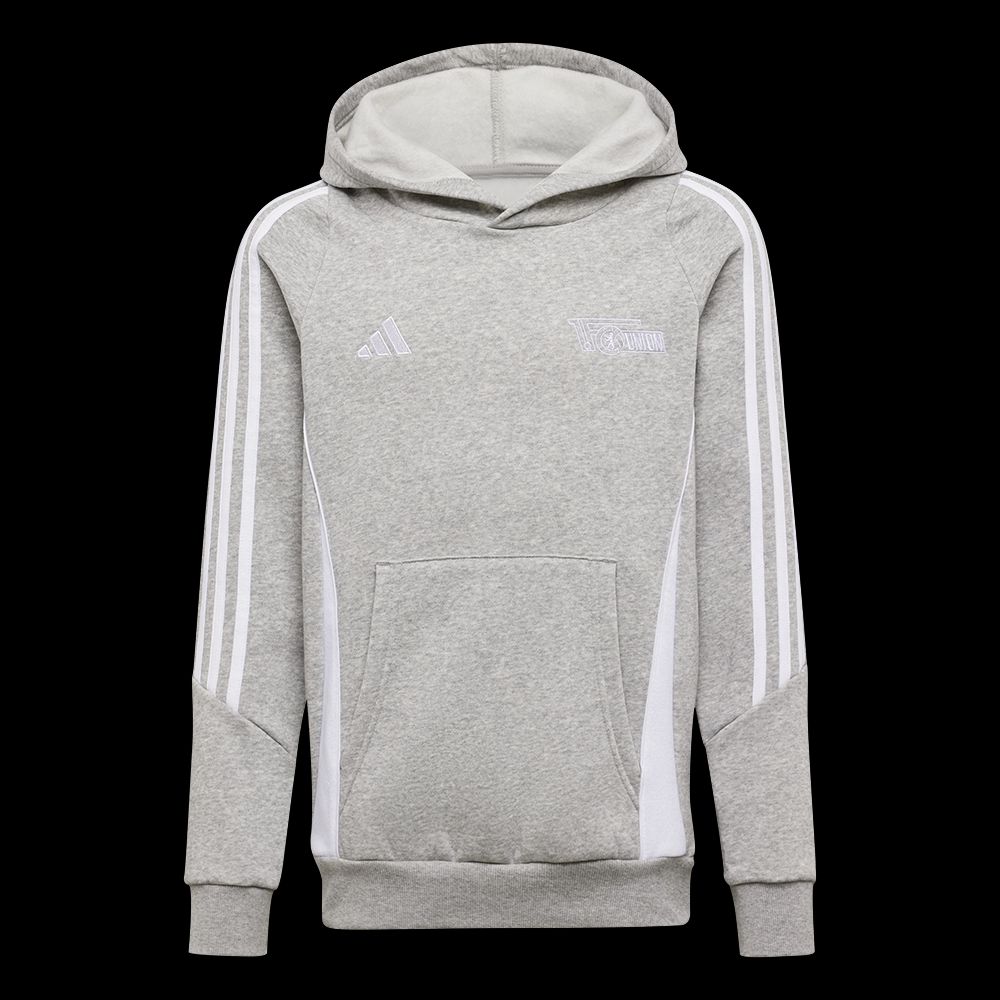 Grauer Adidas-Hoodie mit Kapuze, weißen Streifen an den Ärmelöffnungen und einer großen Vordertasche.