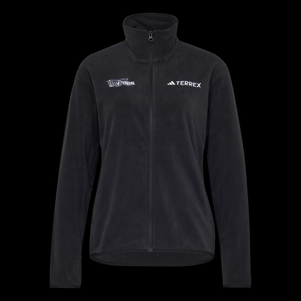 Schwarze Fleecejacke mit Stehkragen, Reißverschluss und Logos von Terrex und einer weiteren Marke.