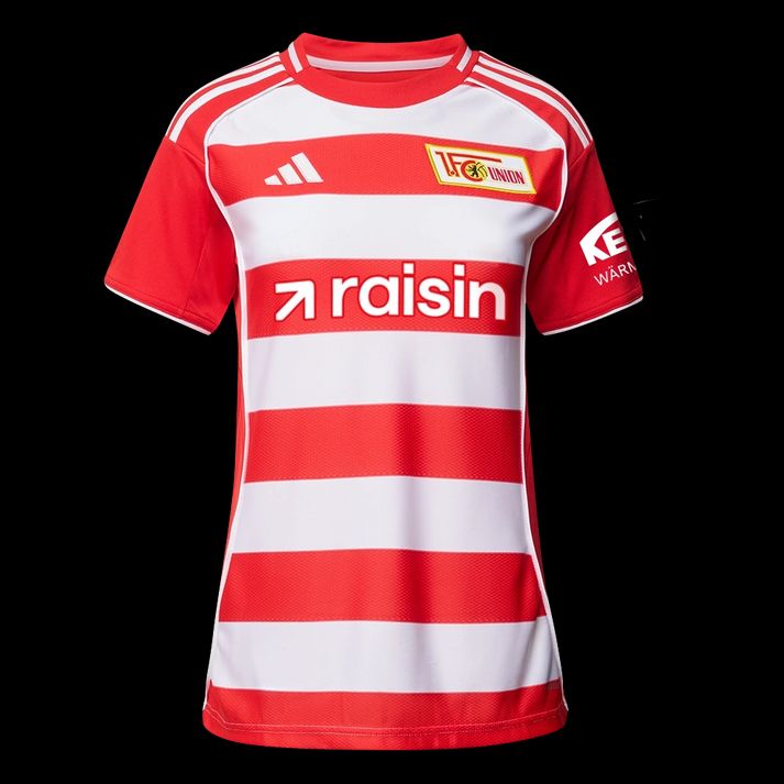 Rotes und weißes Fußballtrikot mit Streifen und dem Logo von FC Union Berlin.