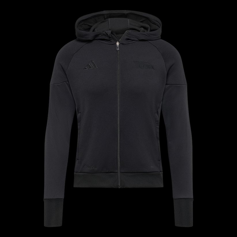 Schwarze Kapuzenjacke mit Reißverschluss und Adidas-Logo auf der Brust.