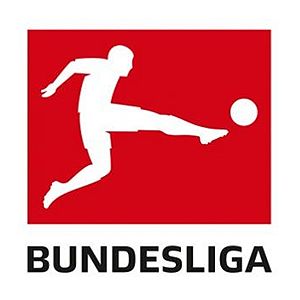 Logo der Bundesliga mit einem Spieler, der einen Fußball tritt, vor rotem Hintergrund.