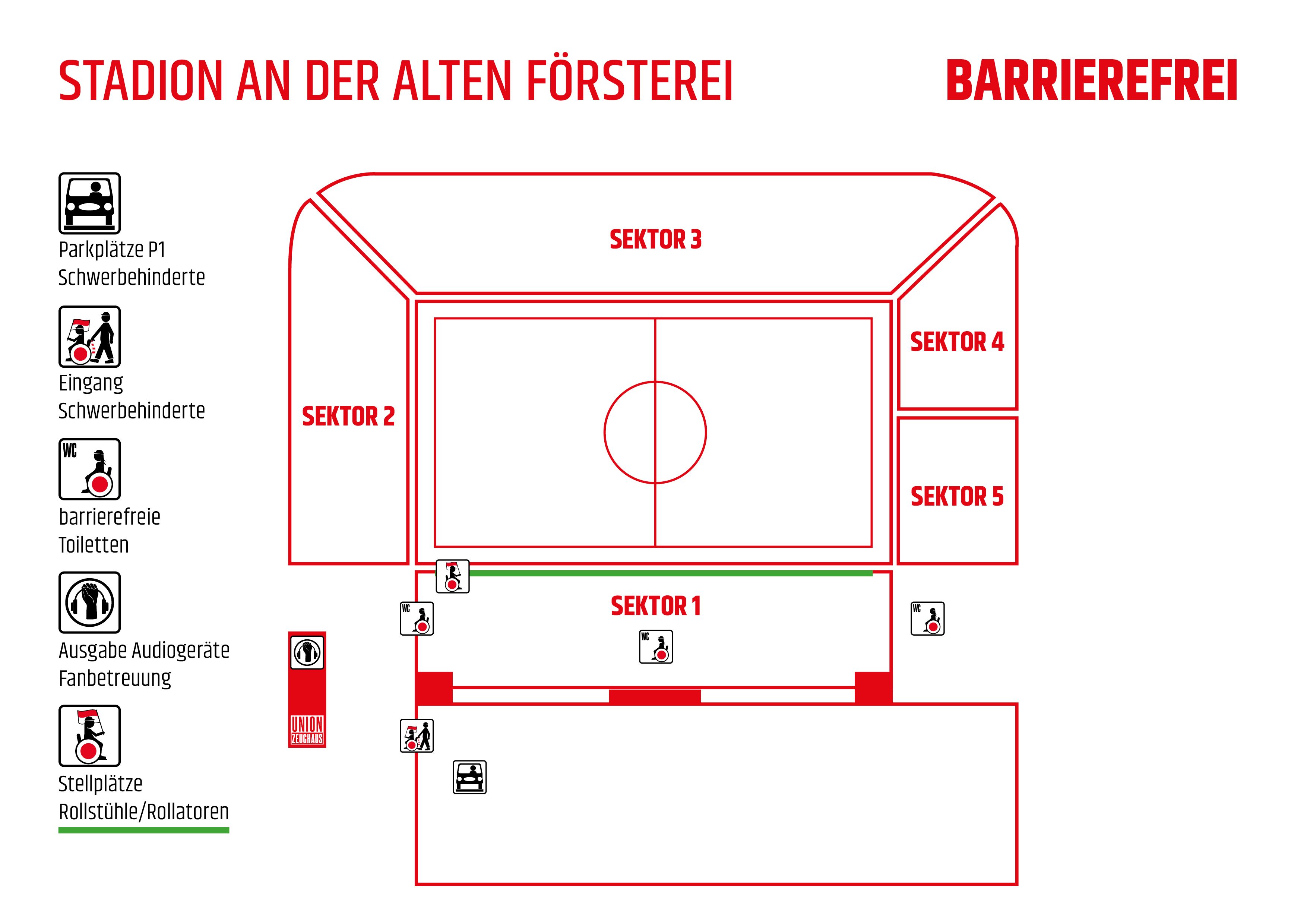 Übersicht des barrierefreien Zugangs im Stadion an der Alten Försterei mit markierten Sektoren und Einrichtungen für Menschen mit Behinderungen.