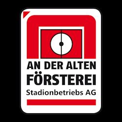 Logo der "An der Alten Försterei Stadionbetriebs AG" mit rotem Hintergrund und einem Fußballtor-Symbol.
