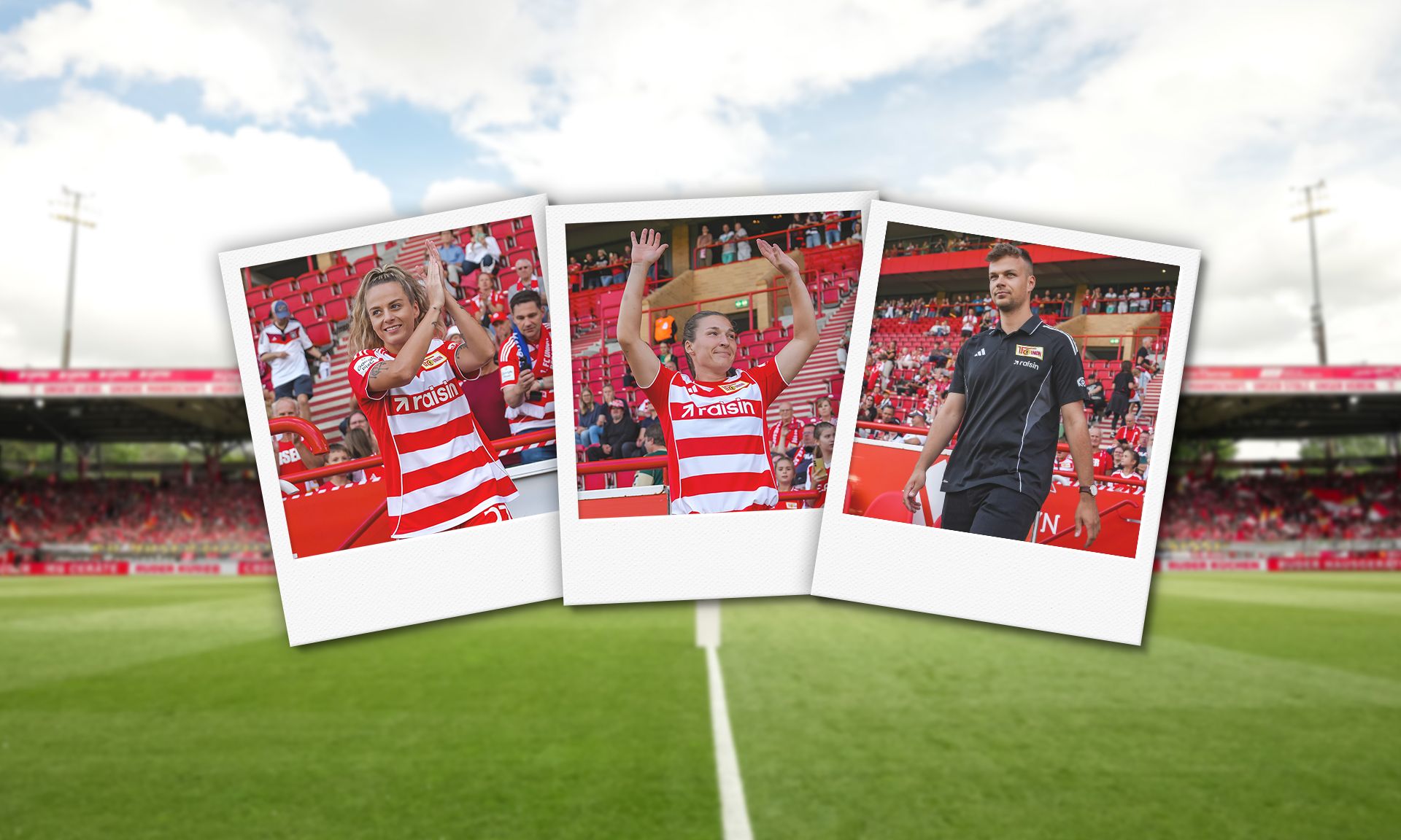 Drei Polaroid-Bilder zeigen jubelnde Fußballspieler und einen Trainer auf einem Stadionfeld mit Zuschauern im Hintergrund.