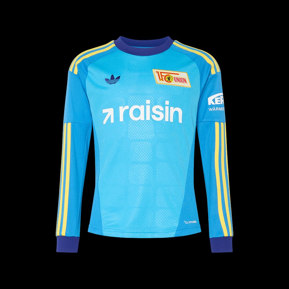 Blaues Torwarttrikot mit gelben Akzenten, Adidas-Logo und Sponsorenaufschrift "raisin".