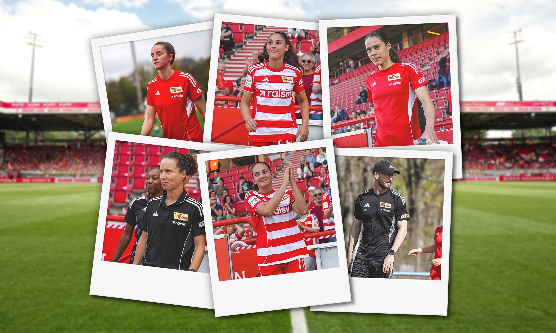 Sechs Polaroid-Fotos von Fußballspielerinnen und Trainern auf dem Platz, umgeben von leeren Zuschauerplätzen in einem Stadion.
