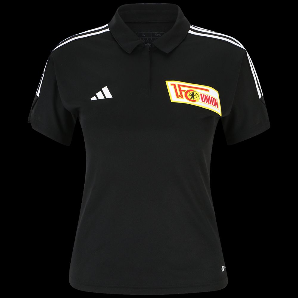Schwarzes Poloshirt mit weißen Streifen, Adidas-Logo und dem Wappen von 1. FC Union Berlin.