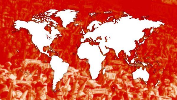 World map in white on a red background with blurred silhouettes of crowds.