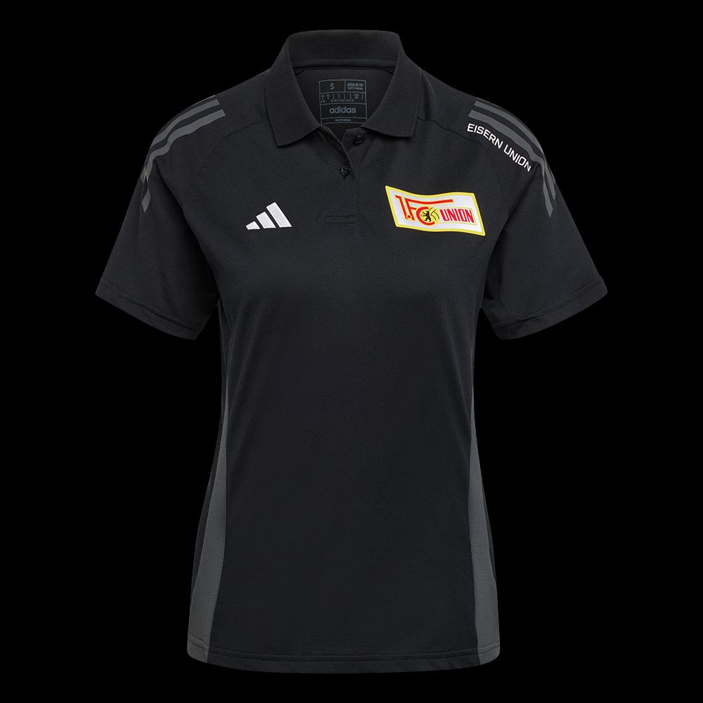 Schwarzes Poloshirt mit Adidas-Logo und Schriftzug "EISERN UNION" auf der linken Brustseite.