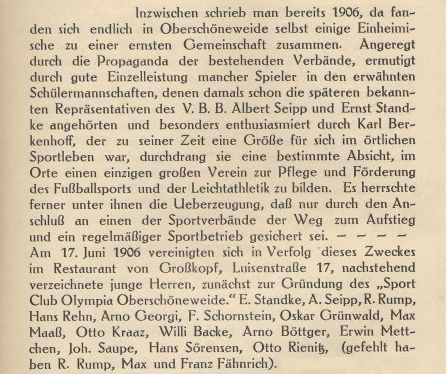 Bericht zur Gründung von Olympia Oberschöneweide in der Festschrift zum Jahrestag des SC Union Oberschöneweide von 1931