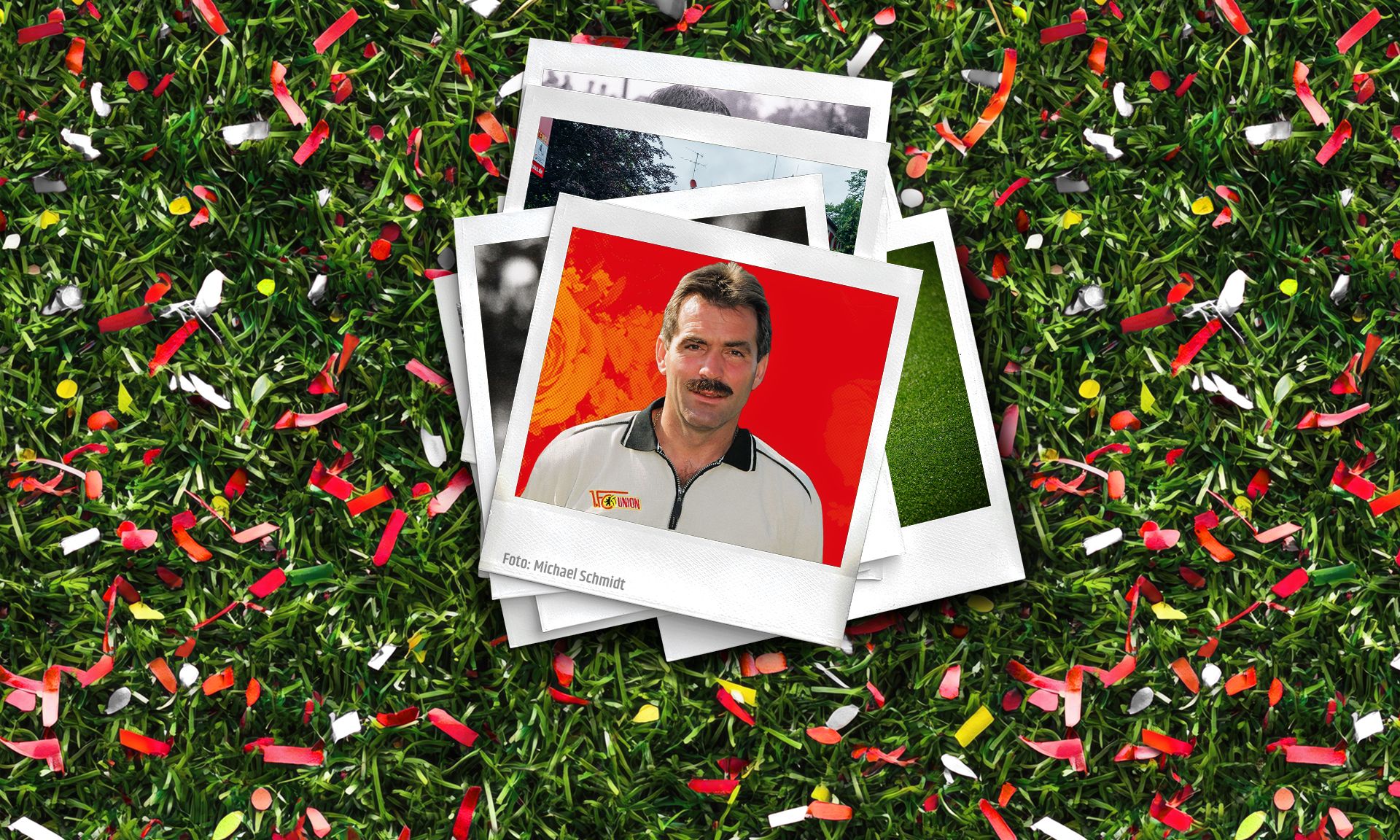 Ein Stapel Fotos auf grünem Rasen mit Konfetti, eines davon zeigt einen Mann mit Schnurrbart in sportlicher Kleidung.