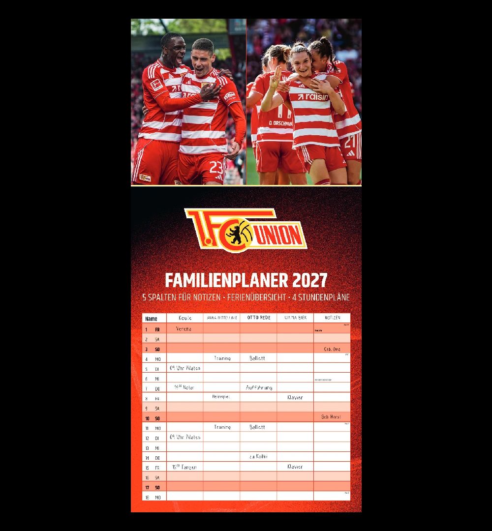 Familienplaner 2027 mit FC Union Berlin Spielern und Platz für Notizen, Termine und Stundenpläne.