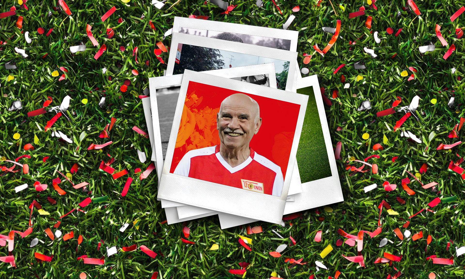 Ein Stapel Polaroid-Fotos auf grünem Rasen mit Konfetti, darunter ein Bild eines lächelnden Mannes im roten Trikot.