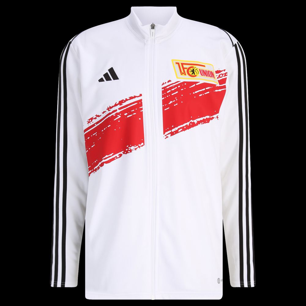 Weiße Sportjacke mit roten und schwarzen Akzenten, Adidas-Logo und Schriftzug "1. FC Union".