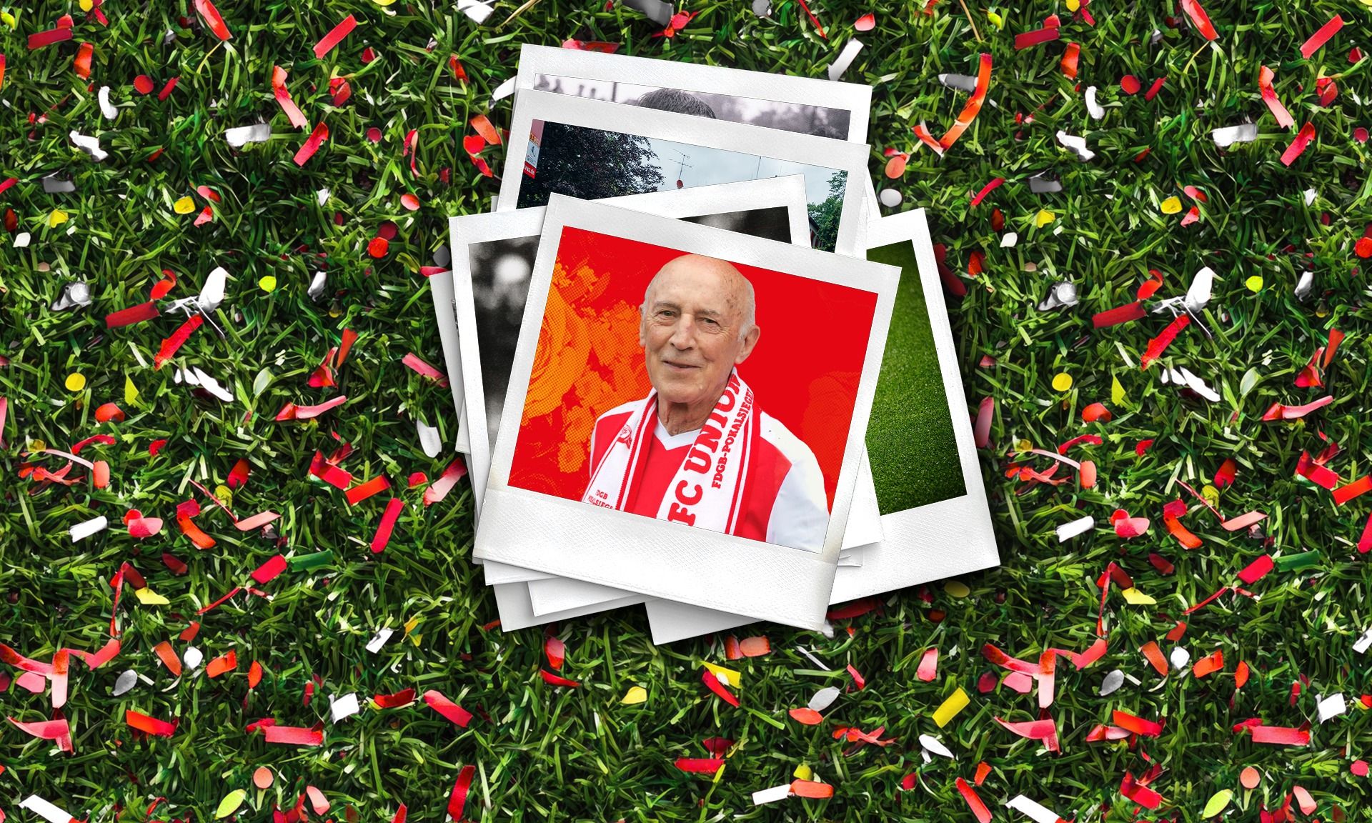 Ein Stapel polaroidähnlicher Fotos auf einem grünen Rasen, mit buntem Konfetti und einem Bild eines lächelnden Mannes in einem Sportschal.