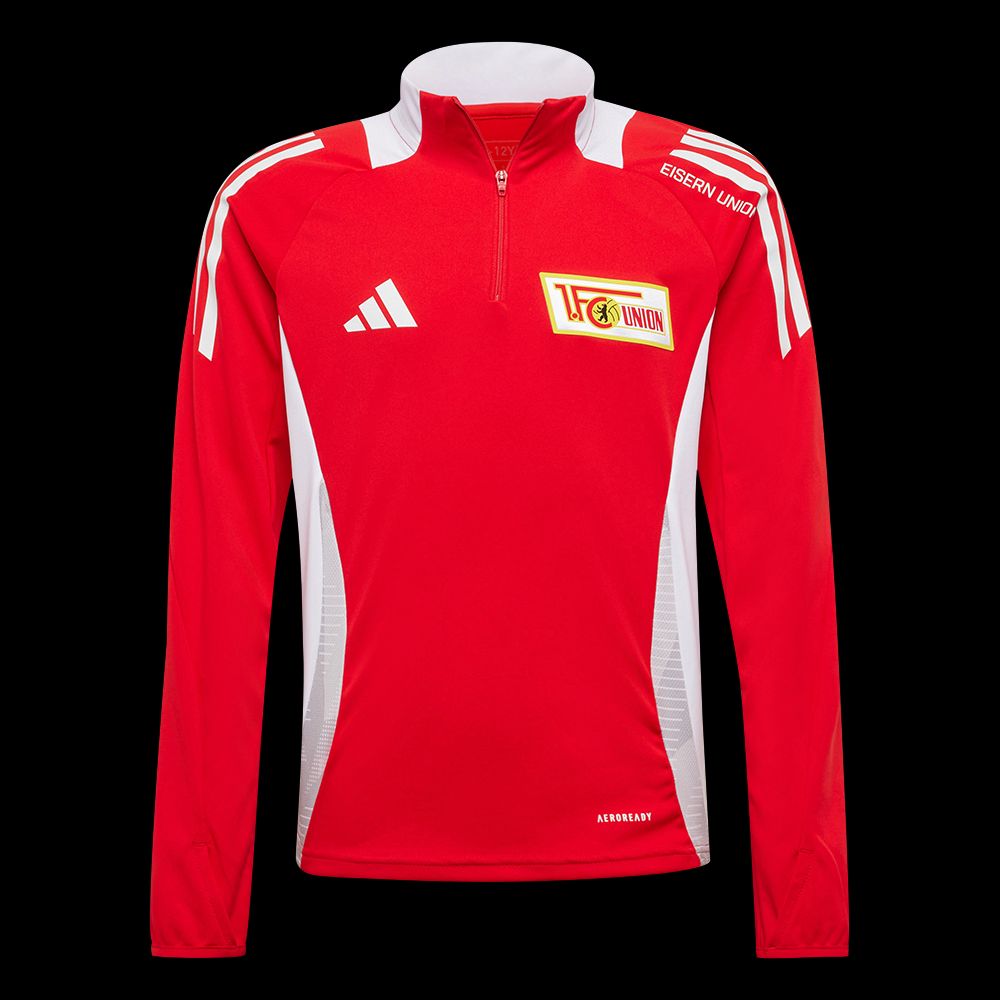 Roter Sport-Pullover. Er hat einen Reißverschluss. Es gibt helle Streifen. Das Logo ist von 1. FC Union Berlin.