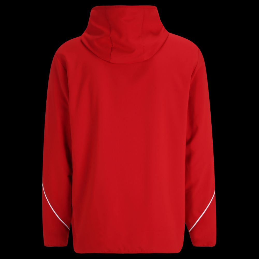 Hinteransicht von einem roten Hoodie. Der Hoodie hat eine Kapuze und weiße Ränder.
