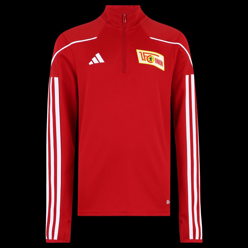 Roter Trainingspullover. Lange Arme. Mit Adidas-Logo. Mit Logo vom 1. FC Union Berlin.
