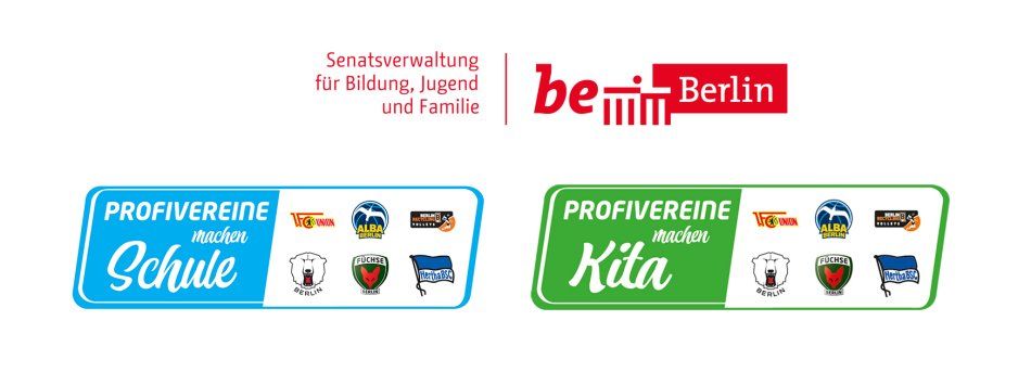 Logo der Senatsverwaltung für Bildung, Jugend und Familie Berlin mit den Texten "Profivereine machen Schule" und "Profivereine machen Kita".