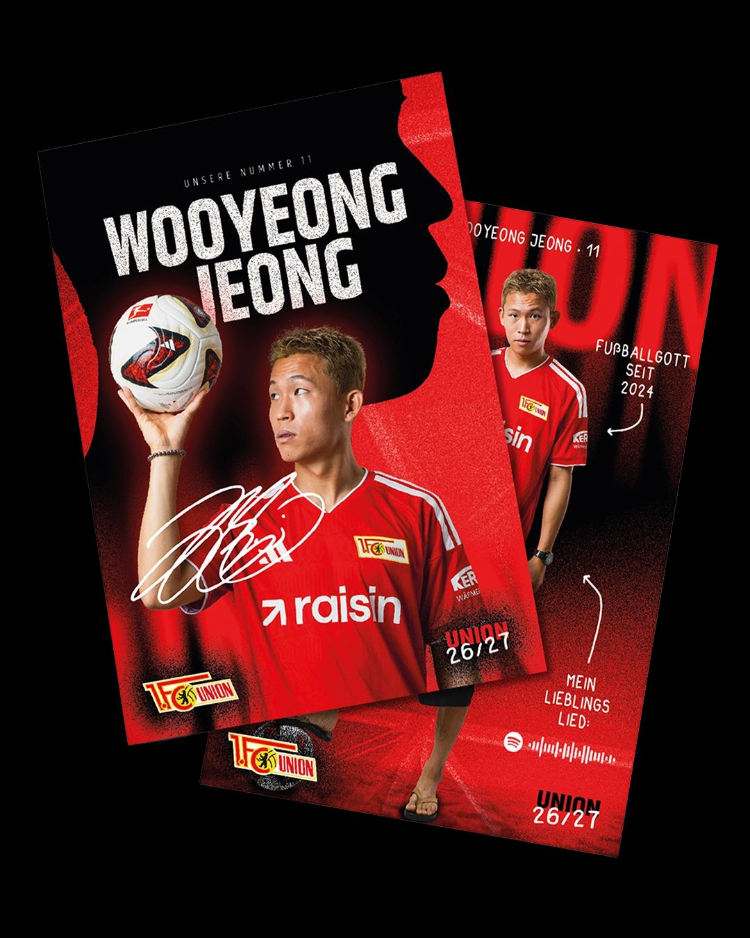 Spielerkarte von Wooyeong Jeong mit seinem Namen, Lieblingslied und einer Unterschrift auf rotem Hintergrund.