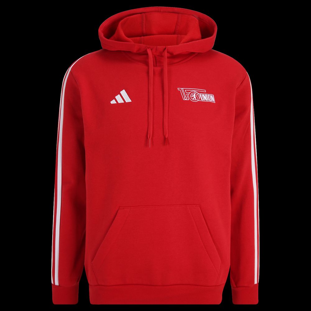 Roter Hoodie. Hat eine Kapuze. Weiße Streifen an den Ärmeln. Ein Logo von 1. FC Union Berlin auf der Brust.