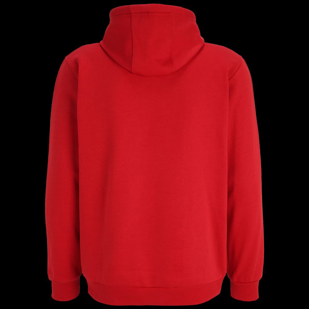 Rote Kapuzenjacke von hinten. Es gibt keine sichtbaren Details oder Muster.