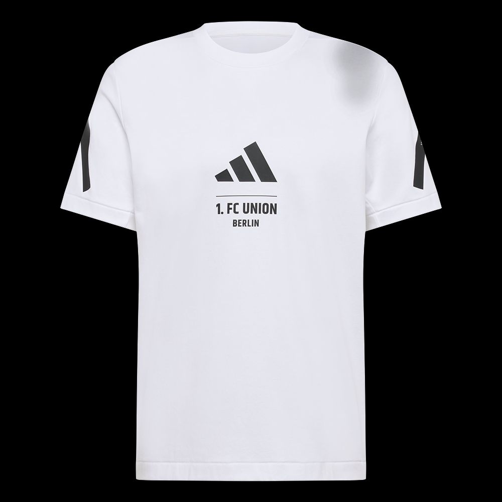 Weißes T-Shirt mit schwarzem Logo des 1. FC Union Berlin und adidas-Streifen an den Ärmeln.