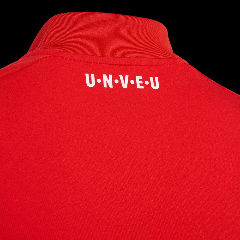 Roter Pullover mit hohem Kragen, hinten mit dem Text "U N . V . E . U" in weißer Schrift.