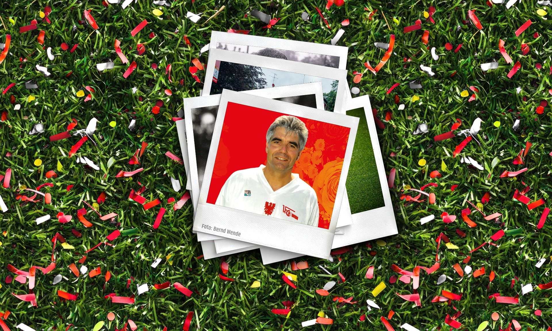 Polaroid-Fotos auf grünem Gras mit bunten Konfetti-Streifen, im Vordergrund ein Bild eines Mannes in Sportkleidung.