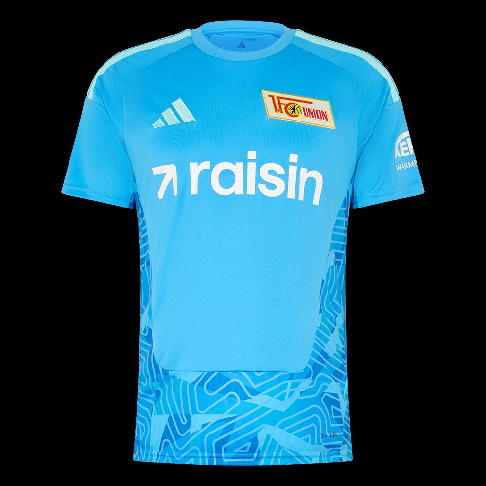 Sporttrikot in Hellblau mit Muster, Logo von Union Berlin und der Aufschrift "raisin".