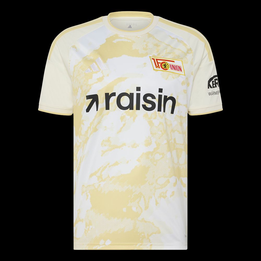 Weißes Fußballtrikot mit gelb-beigem Muster und Vereinslogo von Union Berlin.